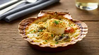 Coquille Saint-Jacques gratinée avec noix dorée, sauce crémeuse, champignons et chapelure croustillante, servie dans une coquille individuelle.