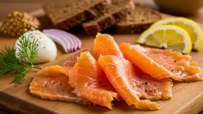 Tranches de saumon gravlax posées sur une planche avec aneth, œuf dur, oignon rouge, pain de seigle et rondelles de citron.