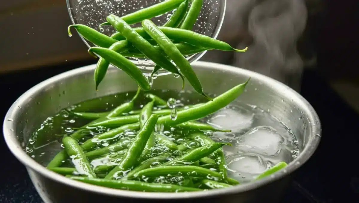 Haricots verts frais versés dans un saladier d’eau glacée avec glaçons après cuisson, pour fixer leur couleur verte éclatante.