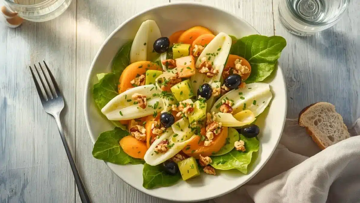 Salade d’endives avec quartiers de kaki Persimon, cubes de mimolette, noix concassées et olives noires, servie dans un bol blanc.