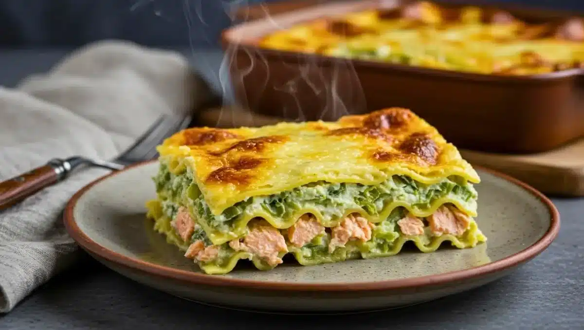 Part de lasagnes au saumon et poireaux servie dans une assiette, avec couches visibles de pâtes, légumes fondants et saumon nacré, fumant légèrement.