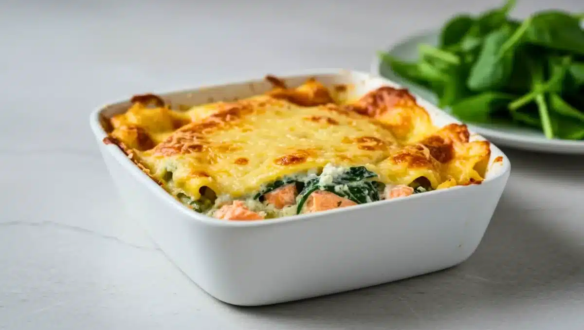 Plat de lasagnes crémeuses au saumon et épinards, gratinées au parmesan dans un petit plat blanc, avec une assiette de jeunes pousses en arrière-plan.