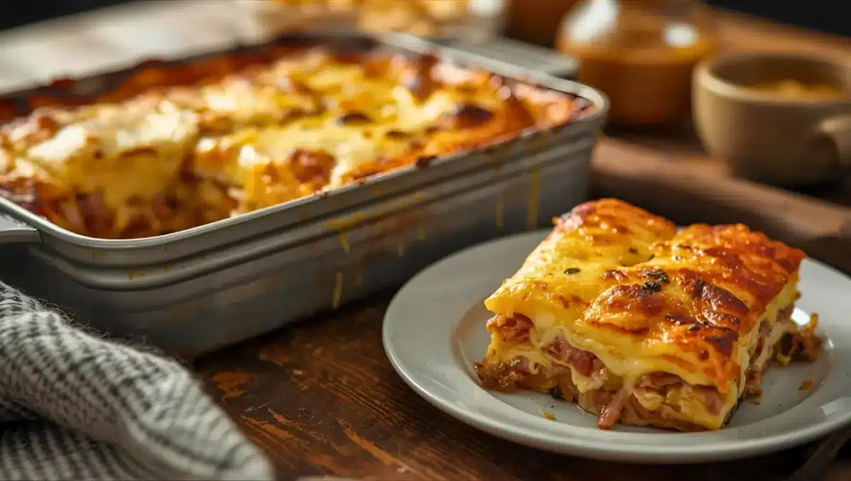 Part de lasagnes façon raclette servie sur une assiette, avec couches de pâtes, jambon blanc, béchamel maison et fromage à raclette gratiné, plat familial en arrière-plan.