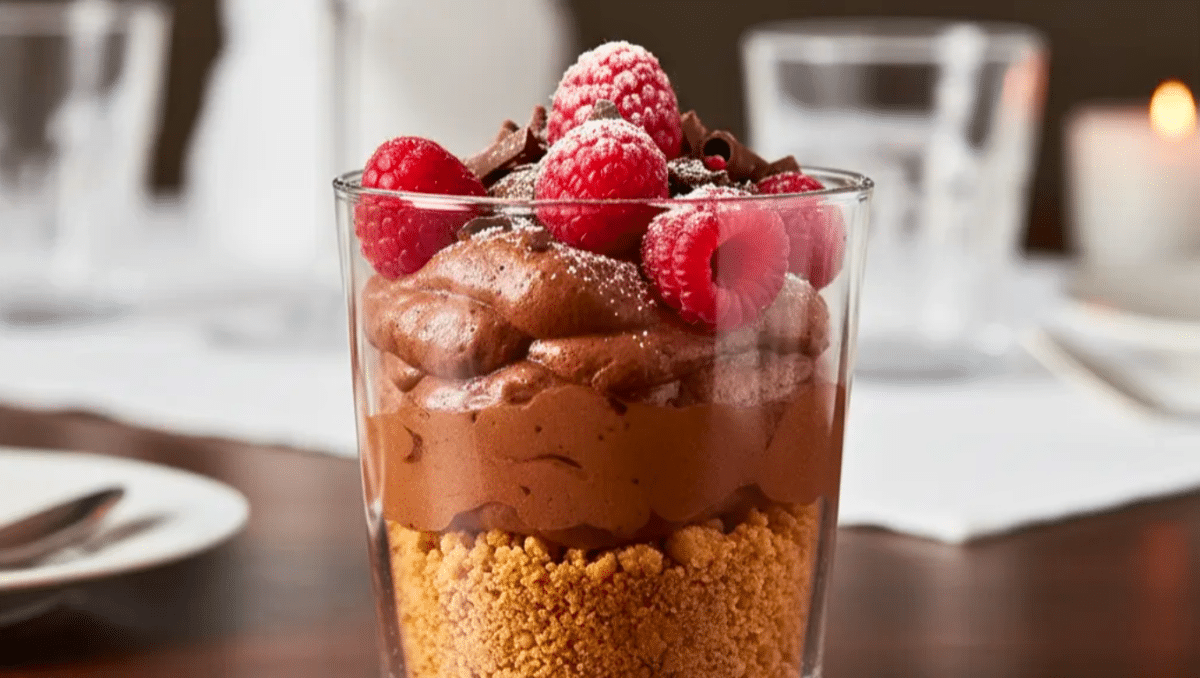 Gros plan sur une verrine festive composée d'une base de biscuits émiettés, d'une mousse au chocolat mascarpone onctueuse et surmontée de framboises fraîches.