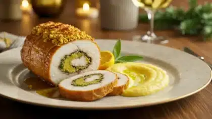 Tranche de rôti de lotte farci au foie gras et herbes, présenté avec une purée de panais crémeuse et un filet de sauce, le tout sur une assiette festive éclairée par une ambiance de table de fête.