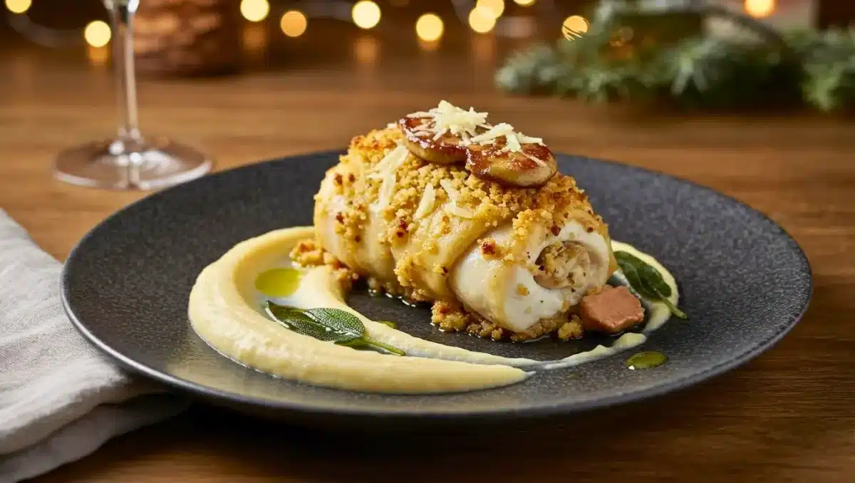 Rôti de lotte en croûte de crumble parmesan avec foie gras, servi sur une purée de panais crémeuse dans une assiette festive de Noël.