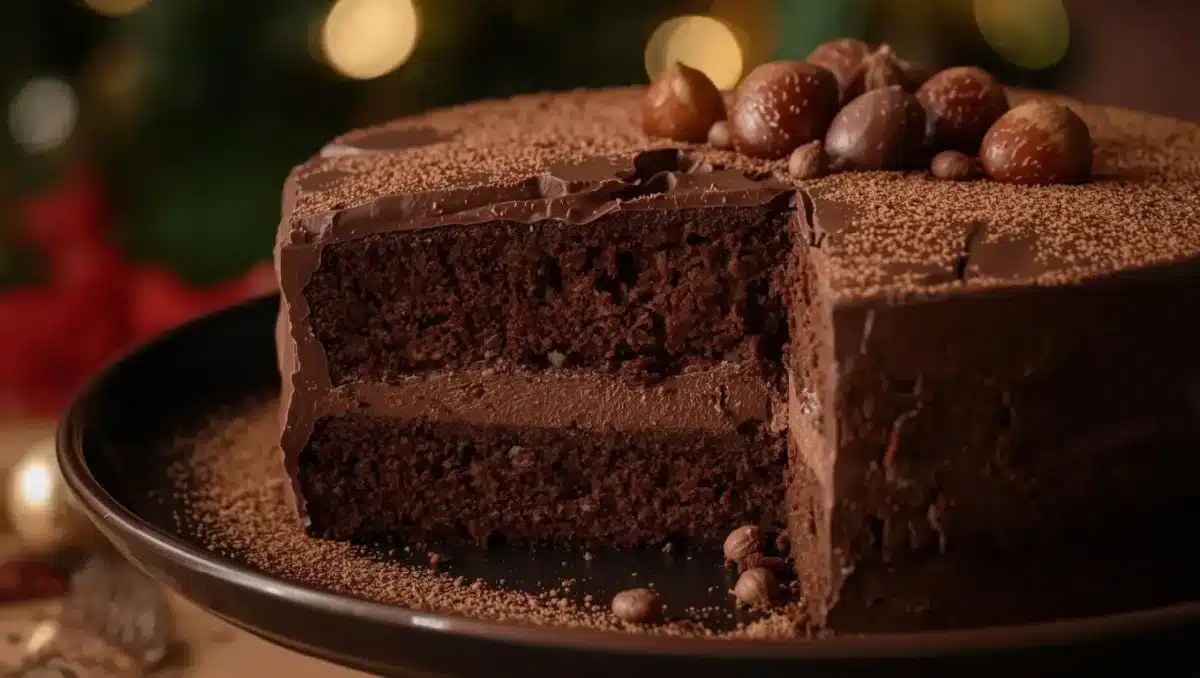 Gâteau fondant au chocolat noir et crème de marron, coupé en tranche, décoré de marrons glacés et de cacao.