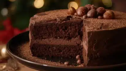 Gâteau fondant au chocolat noir et crème de marron, coupé en tranche, décoré de marrons glacés et de cacao.