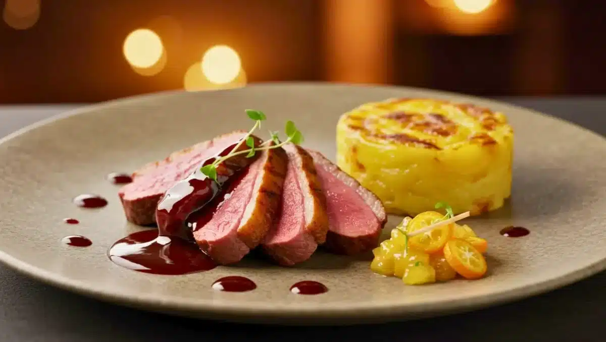 Magret de canard tranché servi avec une sauce au cacao, un gratin de pommes de terre cylindrique et un condiment de kumquats au gingembre, présenté sur une assiette raffinée dans une ambiance chaleureuse.