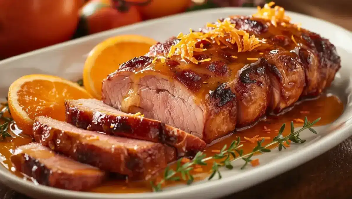 Magret de canard tranché nappé d’une sauce à l’orange et au miel, servi avec quartiers d’orange et brins de thym dans une assiette blanche.