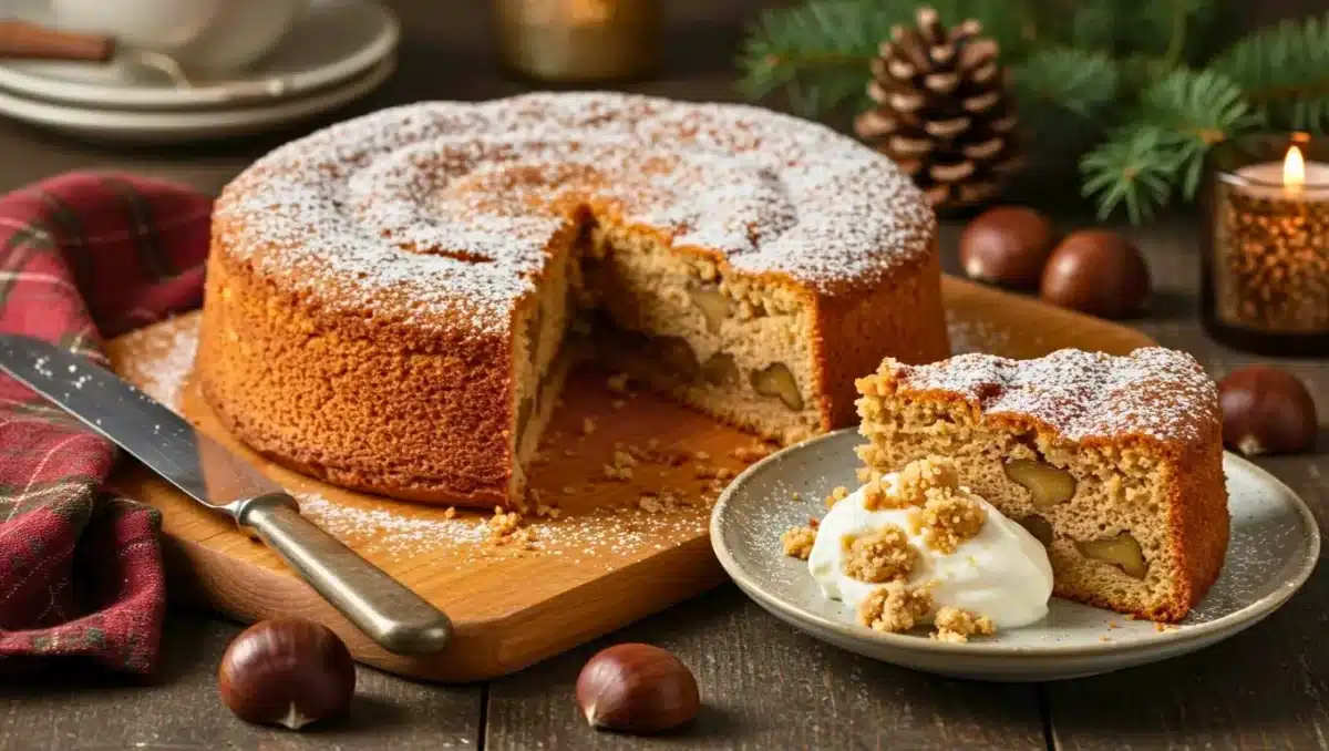 Gâteau moelleux à la crème de marron saupoudré de sucre glace, avec une part servie sur une assiette accompagnée de crème fouettée et crumble, décor de Noël avec pommes de pin et châtaignes.