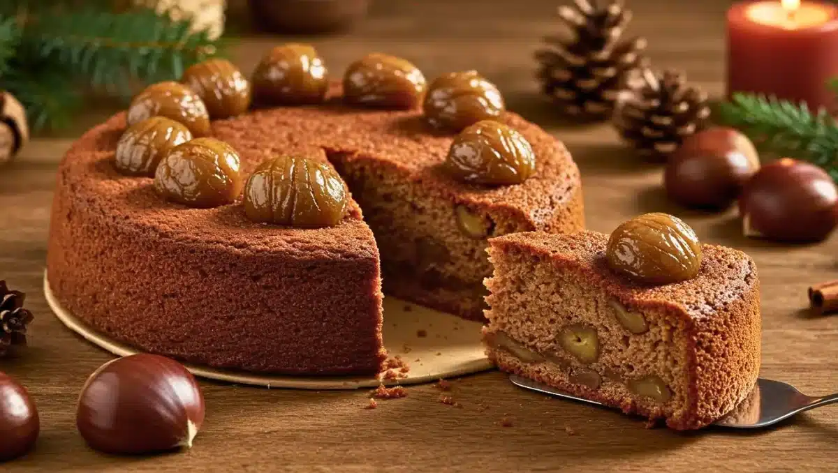 Gâteau aux marrons entier avec une part servie, décoré de marrons glacés sur le dessus