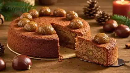 Gâteau aux marrons entier avec une part servie, décoré de marrons glacés sur le dessus