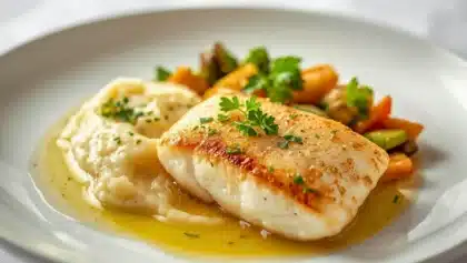 Filet de merlu poêlé à la chair nacrée, servi avec une purée crémeuse et des légumes rôtis, nappé d’un filet d’huile d’olive sur une assiette blanche.