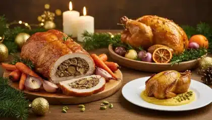 Volaille rôtie servie sur une table de fête, illustrant des alternatives au chapon recommandées par un Meilleur Ouvrier de France pour Noël.