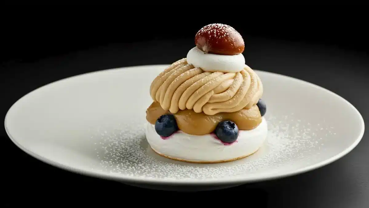 Mont-Blanc revisité composé d’une base de meringue, d’un cœur de myrtilles, d’une chantilly, d’un dôme crème de marrons et d’un marron glacé au sommet, présenté dans une assiette blanche avec un léger saupoudrage de sucre glace.