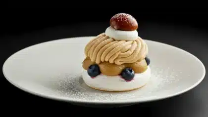 Mont-Blanc revisité composé d’une base de meringue, d’un cœur de myrtilles, d’une chantilly, d’un dôme crème de marrons et d’un marron glacé au sommet, présenté dans une assiette blanche avec un léger saupoudrage de sucre glace.