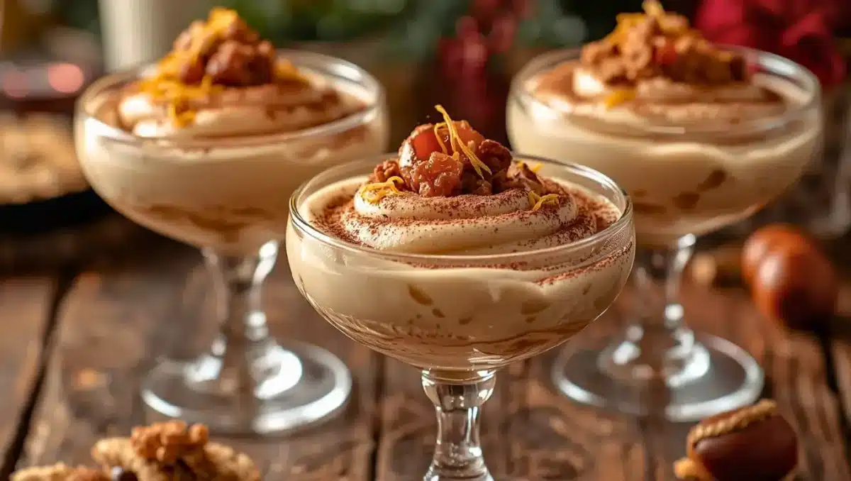 Verrines de mousse aux marrons et mascarpone garnies de marrons glacés, cacao et zestes d’orange, servies dans des coupes élégantes.