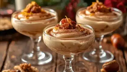 Verrines de mousse aux marrons et mascarpone garnies de marrons glacés, cacao et zestes d’orange, servies dans des coupes élégantes.