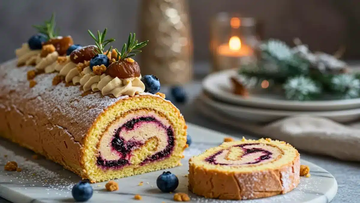 Bûche de Noël roulée garnie de mousse aux marrons et confiture de myrtille, décorée de marrons glacés, myrtilles fraîches, romarin et sucre glace, avec une tranche servie à côté.