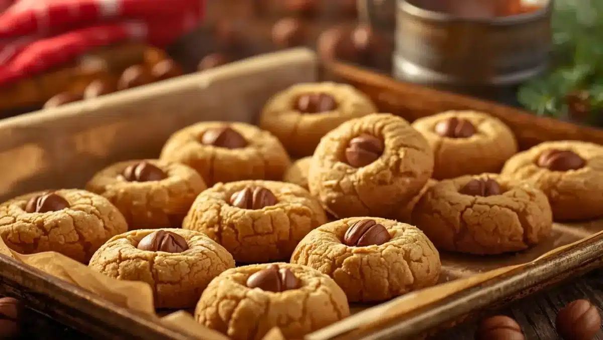Biscuits de Noël à la noisette disposés sur une plaque de cuisson, avec une noisette entière au centre, texture sablée et ambiance chaleureuse de fêtes.