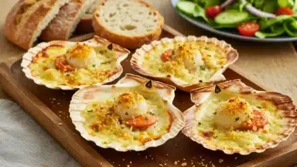 Noix de Saint-Jacques gratinées en coquille avec sauce crémeuse et chapelure dorée