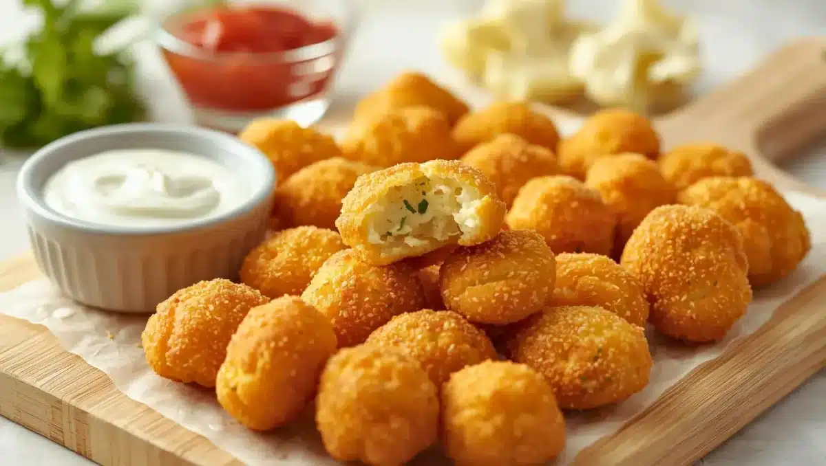 Nuggets de chou-fleur croustillants servis avec sauce, alternative végétarienne aux nuggets classiques.