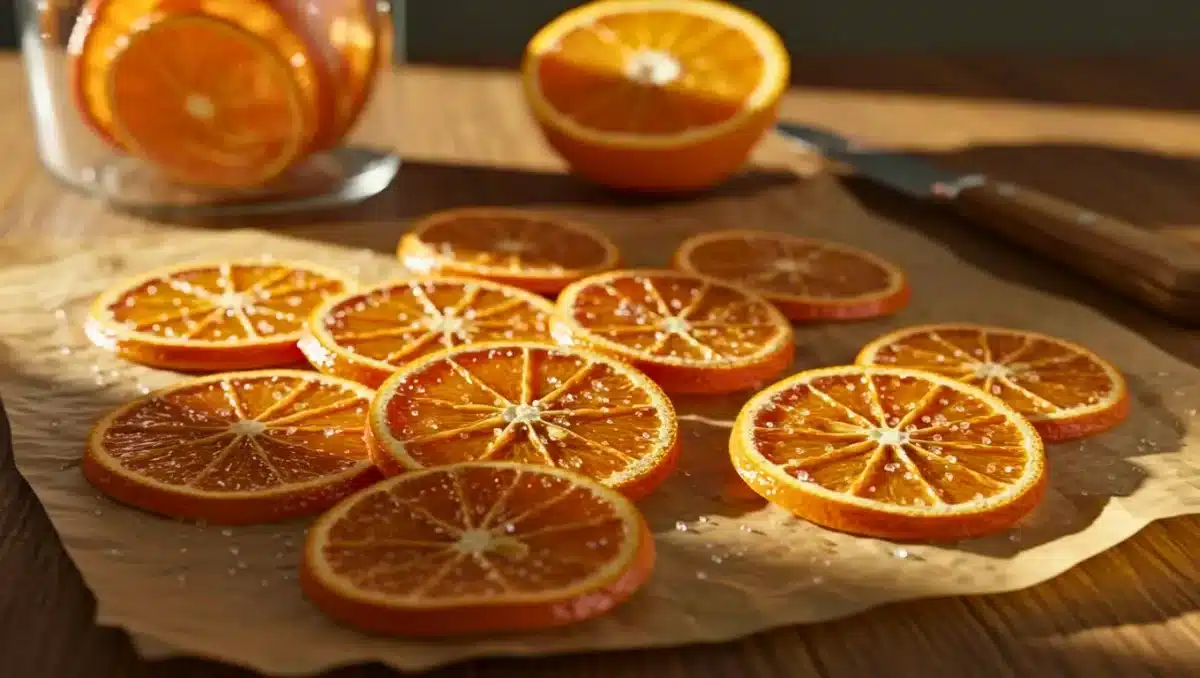 Tranches d’orange confites disposées sur du papier sulfurisé, brillantes et sucrées, éclairées par la lumière naturelle, avec une orange fraîche et un bocal en arrière-plan.