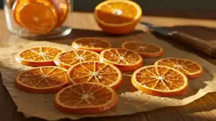 Tranches d’orange confites disposées sur du papier sulfurisé, brillantes et sucrées, éclairées par la lumière naturelle, avec une orange fraîche et un bocal en arrière-plan.