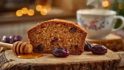 Tranche de pain d’épices maison très moelleux au miel et aux pruneaux, posée sur une planche en bois avec un bâton de miel et des pruneaux, ambiance chaleureuse de Noël.