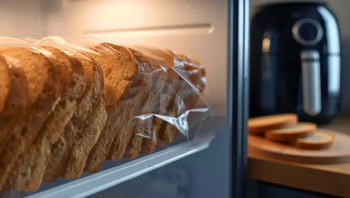 Tranches de pain emballées dans un sachet plastique posées sur une étagère de réfrigérateur, illustrant la conservation du pain au frigo pour éviter le rassissement.