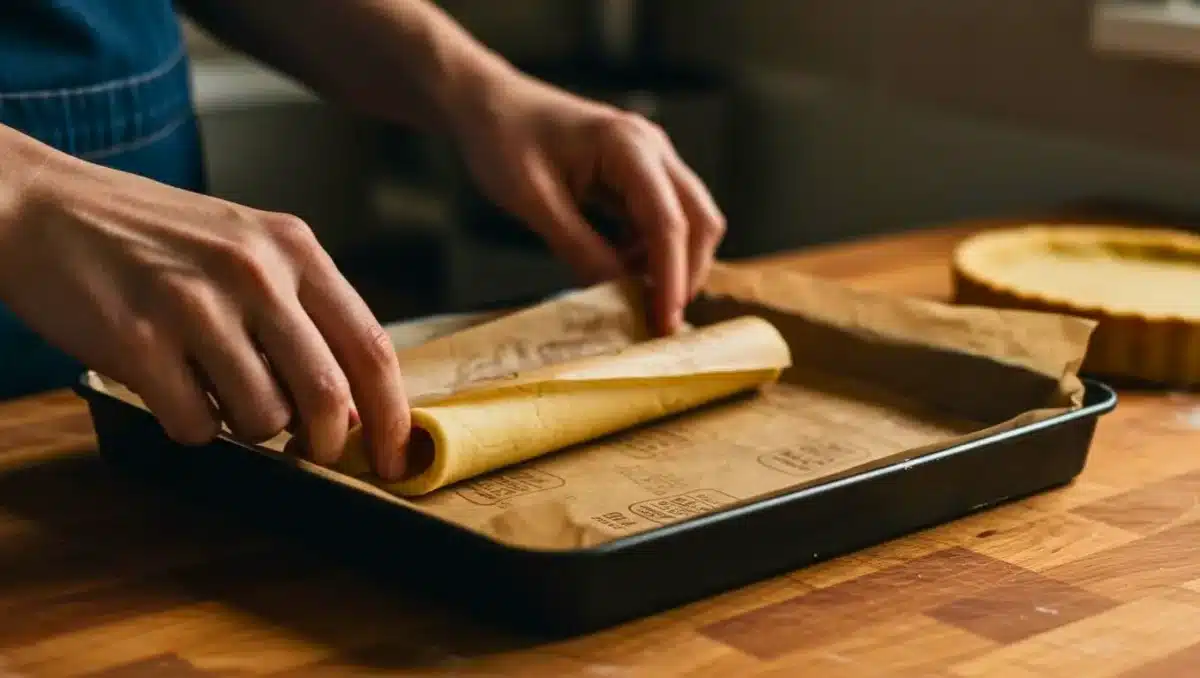 Gros plan sur des mains déposant une pâte roulée avec son papier cuisson dans un moule rectangulaire, sur un plan de travail en bois, avec une tarte vide en arrière-plan.
