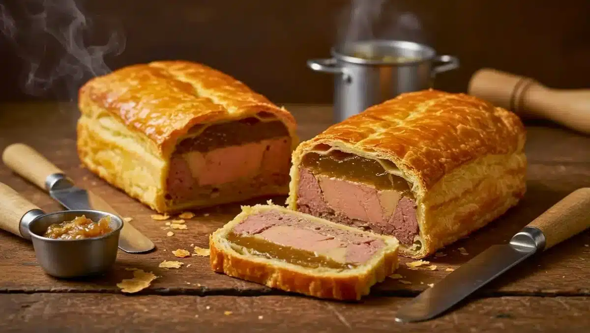 Pâté en croûte artisanal coupé en deux, révélant une tranche de foie gras et de viande, avec une pâte feuilletée dorée posée sur une table en bois rustique.