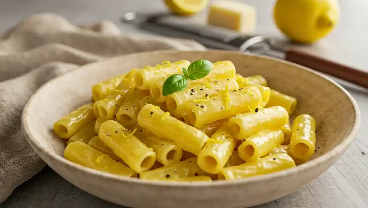Assiette de mezzi rigatoni nappés d’une sauce crémeuse au citron, garnis de zestes de citron et de feuilles de basilic, photographiée en gros plan sur une table claire.