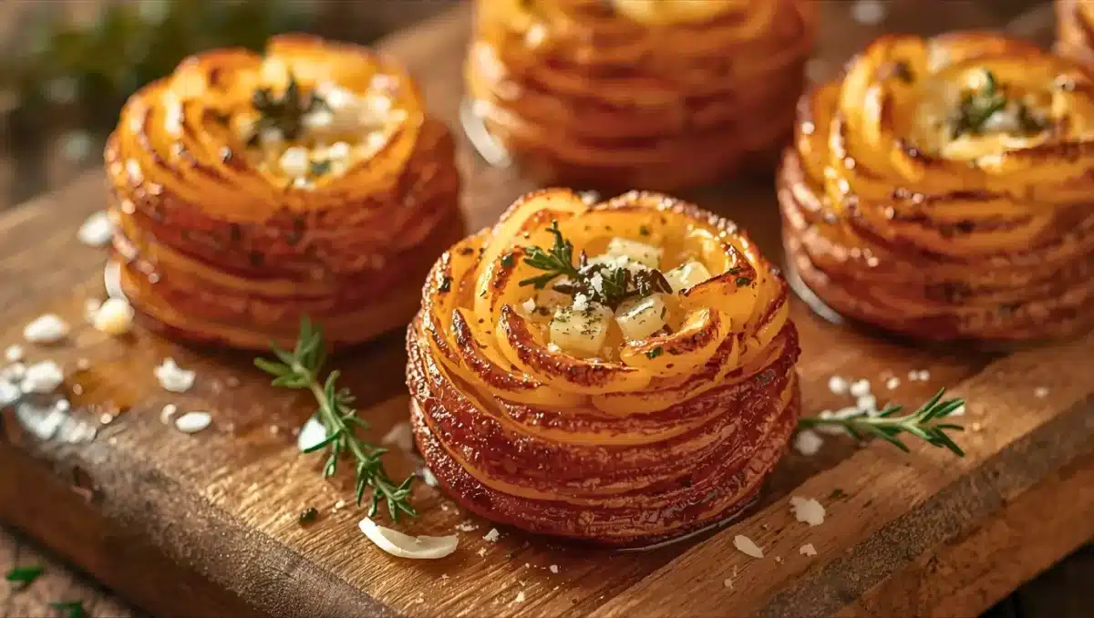 Rosaces de pommes de terre rôties au four, superposées en couches fines, dorées et croustillantes, garnies de parmesan et de thym, présentées sur une planche en bois.