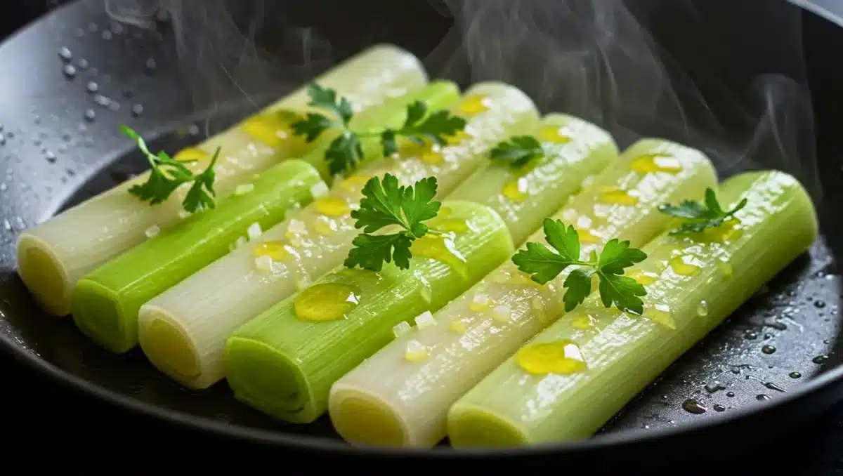 Tronçons de poireaux cuits doucement dans une poêle, nappés d’huile, parsemés de fleur de sel et de persil frais, avec vapeur visible.