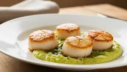 Noix de Saint-Jacques poêlées, dorées à l’extérieur et nacrées à cœur, servies sur une fondue de poireaux verte et une crème d’oignons dans une assiette blanche.