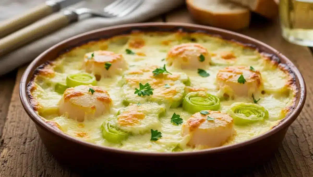 Gratin de Saint-Jacques aux poireaux, nappé de béchamel crémeuse et gratiné au fromage dans un plat rustique.