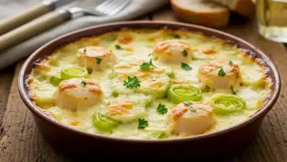 Gratin de Saint-Jacques aux poireaux, nappé de béchamel crémeuse et gratiné au fromage dans un plat rustique.