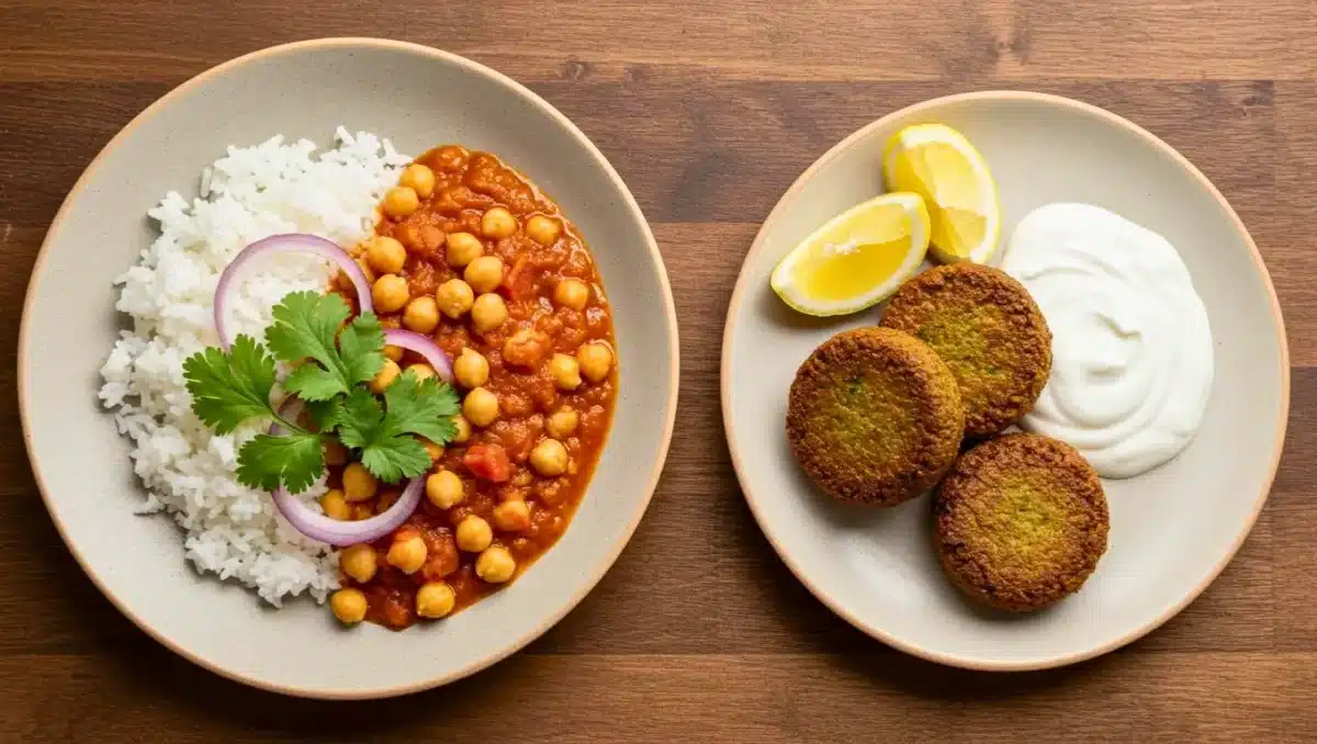 Bol de curry de pois chiches aux tomates et épices, garni de coriandre fraîche, accompagné de falafels dorés et croustillants, présenté comme un repas végétarien complet et réconfortant.
