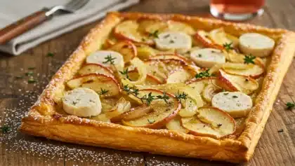 Tarte feuilletée dorée garnie de pommes caramélisées, oignons fondants, rondelles de boudin blanc et thym frais, servie sur une planche en bois.