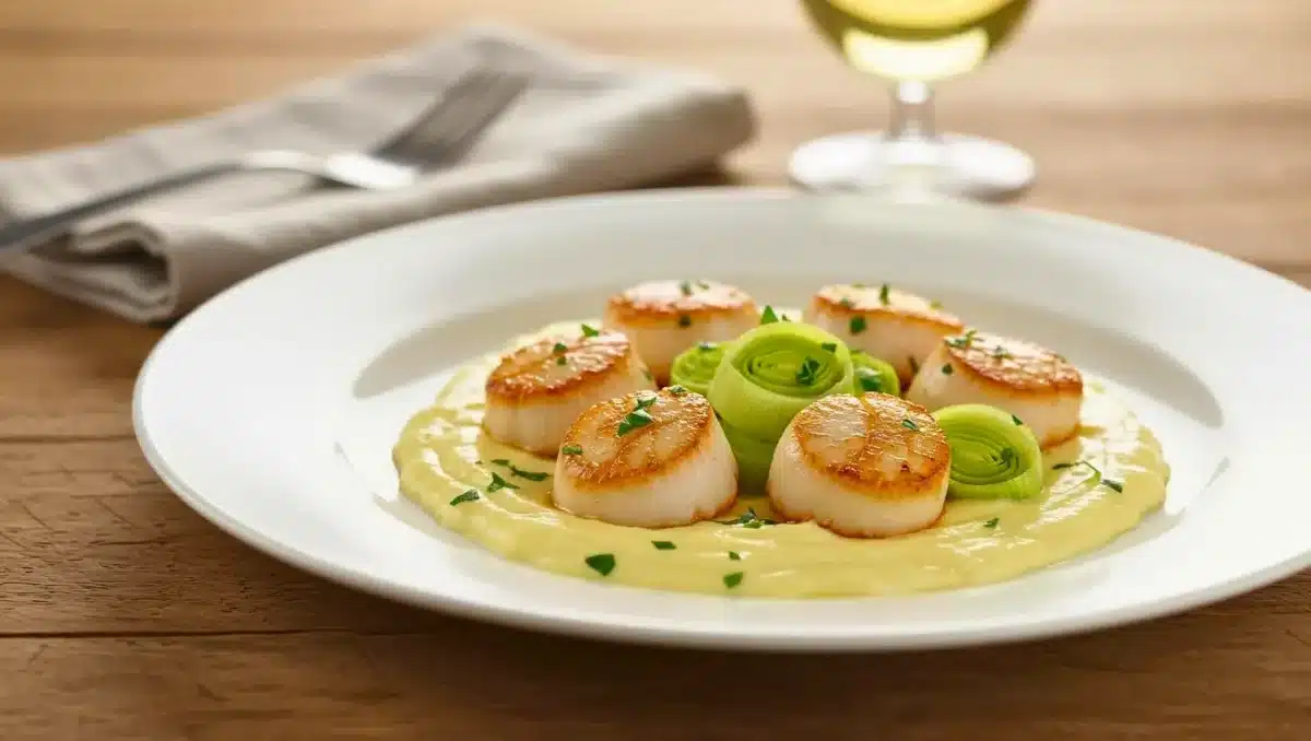 Noix de Saint-Jacques poêlées dressées sur une fondue de poireaux crémeuse, décorées de persil frais, dans une assiette blanche élégante.