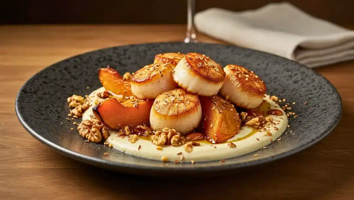 Assiette de Saint-Jacques rôties servies avec potimarron rôti, purée crémeuse, sauce au Banyuls et fruits secs épicés.