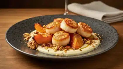 Assiette de Saint-Jacques rôties servies avec potimarron rôti, purée crémeuse, sauce au Banyuls et fruits secs épicés.