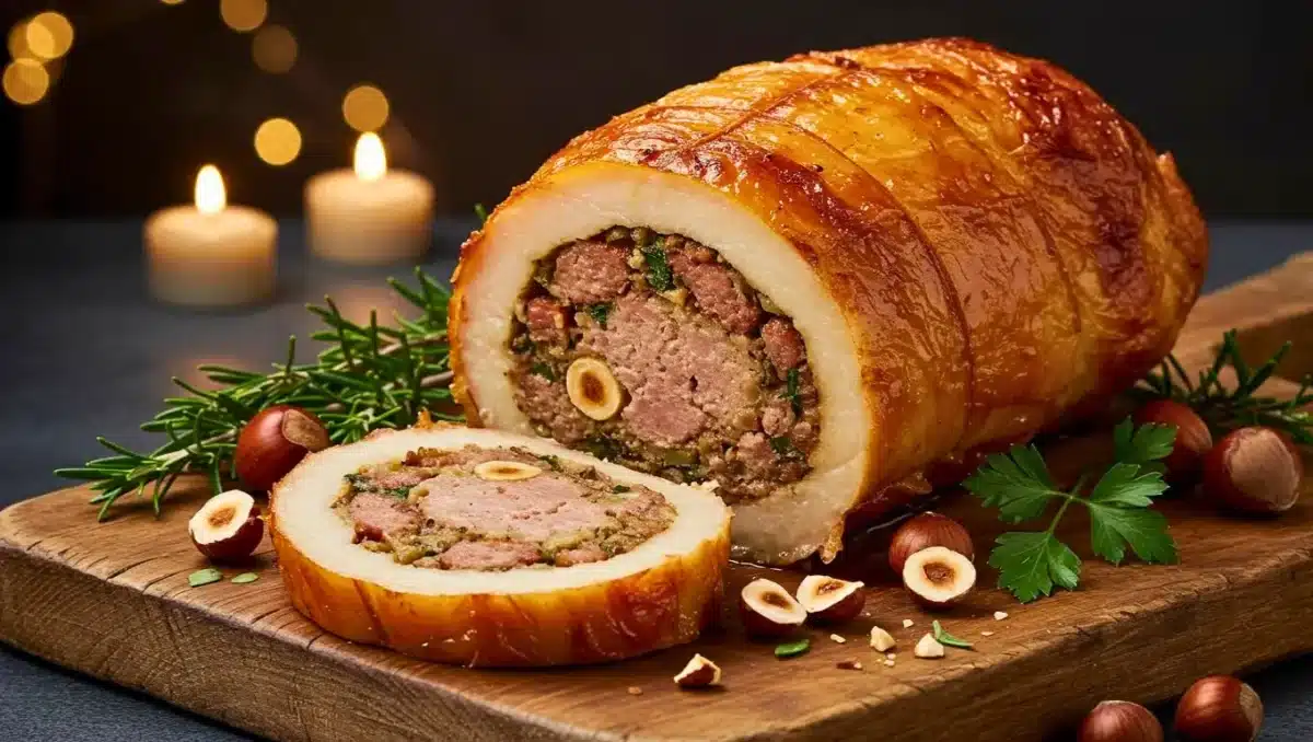 Poularde farcie rôtie, coupée en tranches, révélant une farce à la chair à saucisse, noisettes et herbes, présentée sur une planche avec herbes aromatiques et noisettes.