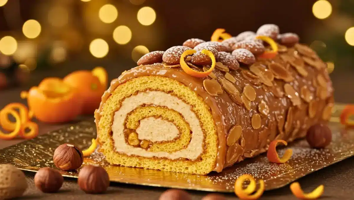 Bûche pralinée roulée, avec ganache au praliné et biscuit à l’orange, recouverte d’amandes caramélisées et décorée de zestes d’orange, présentée sur un plateau doré avec ambiance lumineuse de fête.