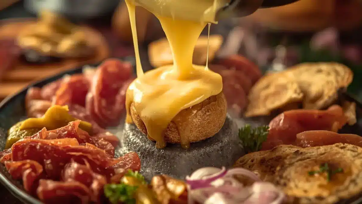 Fromage à raclette fondu versé sur une pomme de terre chaude, entouré de charcuterie et de pain sur une table conviviale, illustrant une raclette traditionnelle.
