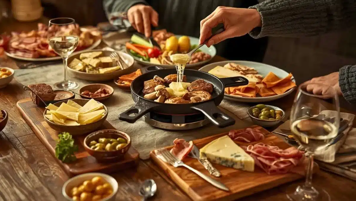 Table conviviale de raclette avec fromages fondus dans des poêlons, charcuteries, pommes de terre, légumes et vin blanc, ambiance chaleureuse d’hiver.