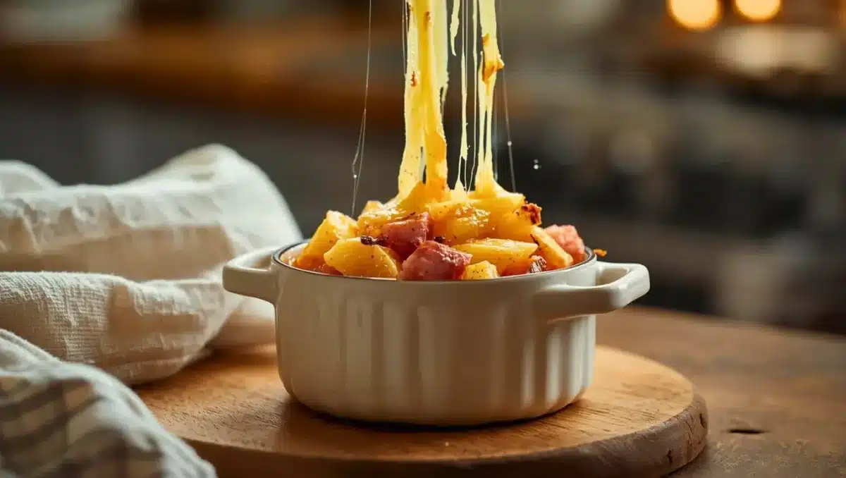 Mini-cocotte de raclette au four avec pommes de terre, jambon et fromage fondu qui file, servie sur une planche en bois dans une ambiance chaleureuse.