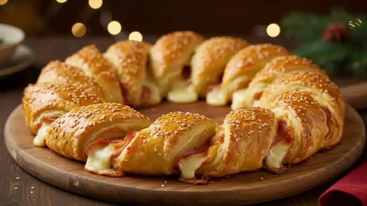 Couronne feuilletée apéritive dorée garnie de fromage fondant et de jambon, saupoudrée de graines de sésame